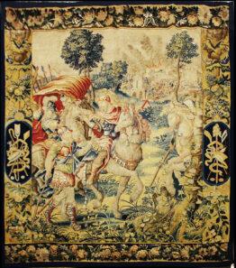 16th-century French Verdure tapestry depicting a pastoral landscape with trees, architecture, and figures — authentic antique handwoven wool and silk artwork.